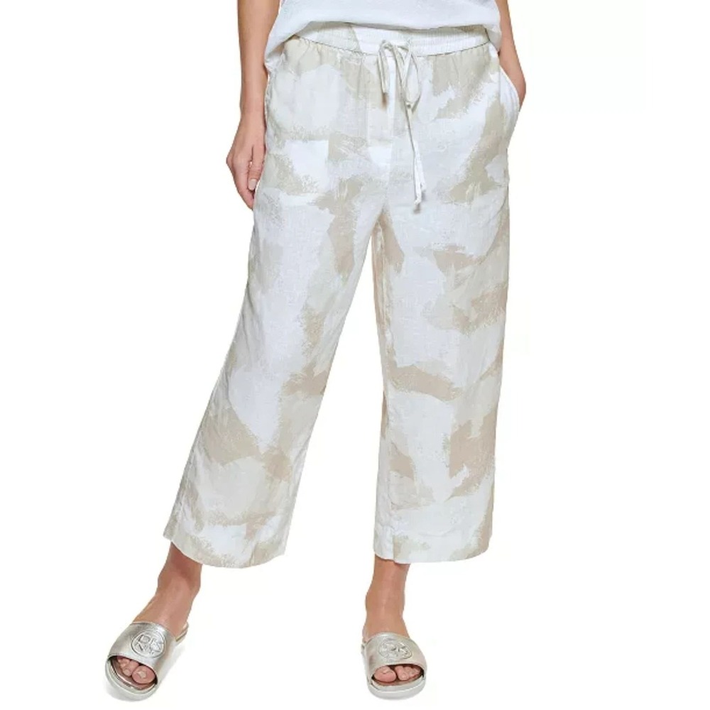 DKNY Pure Womens Capri Pants Size Large Tan White Linen Blend Pull-On Wide-Leg